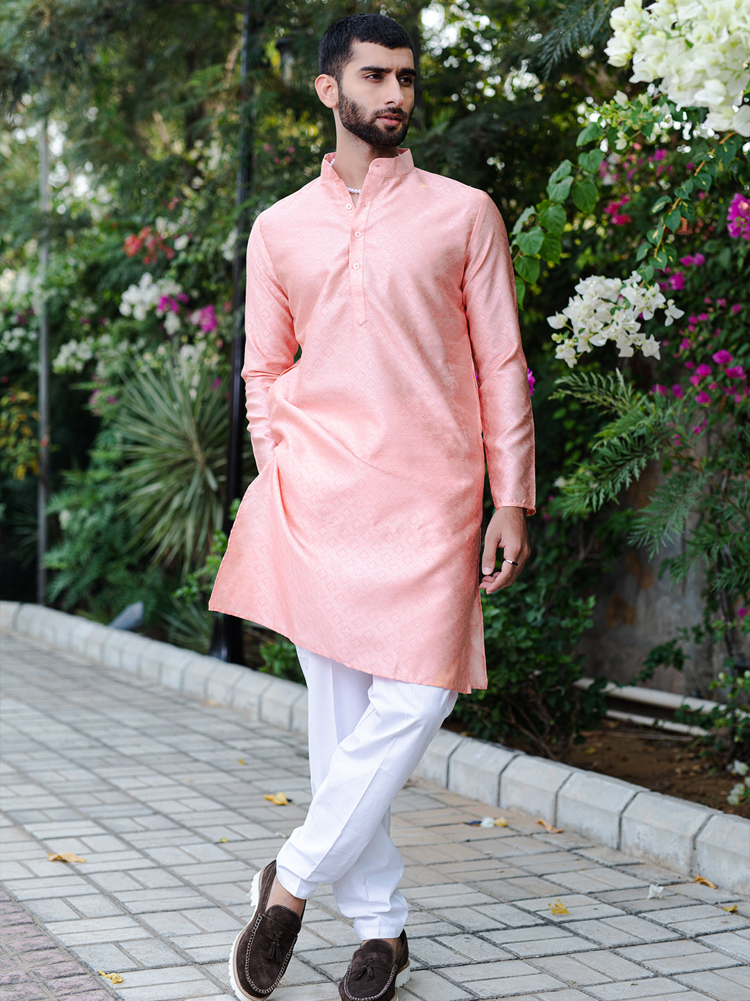 Peachy Pink Geometric Jacquard Men's Kurta