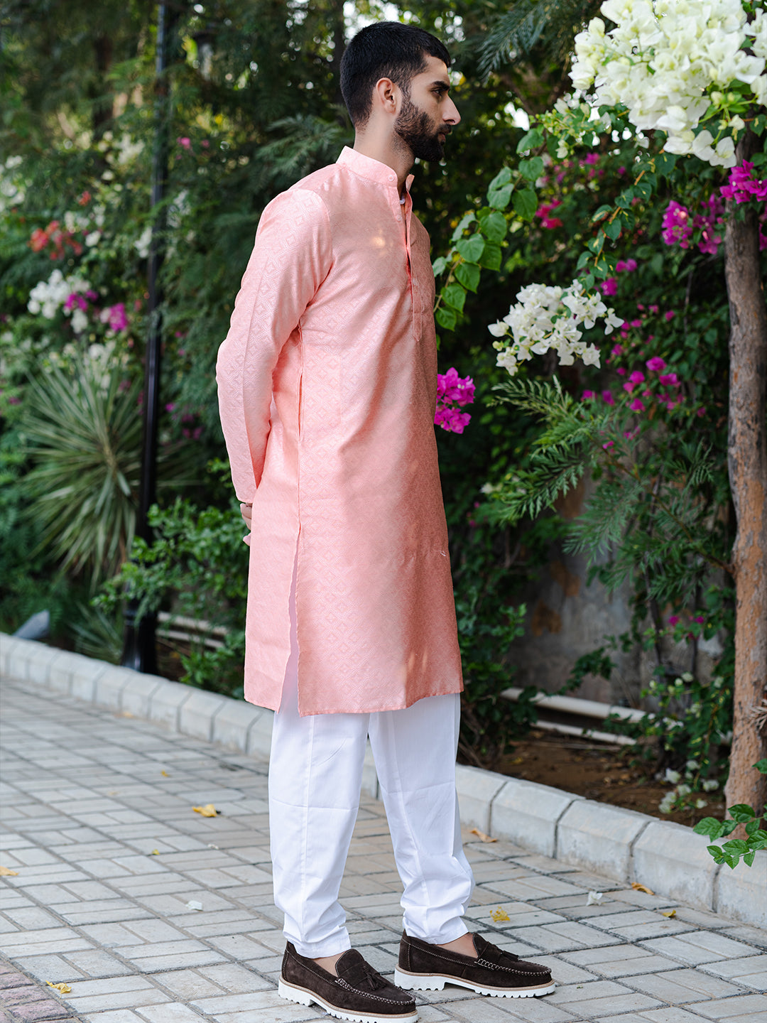 Peachy Pink Geometric Jacquard Men's Kurta