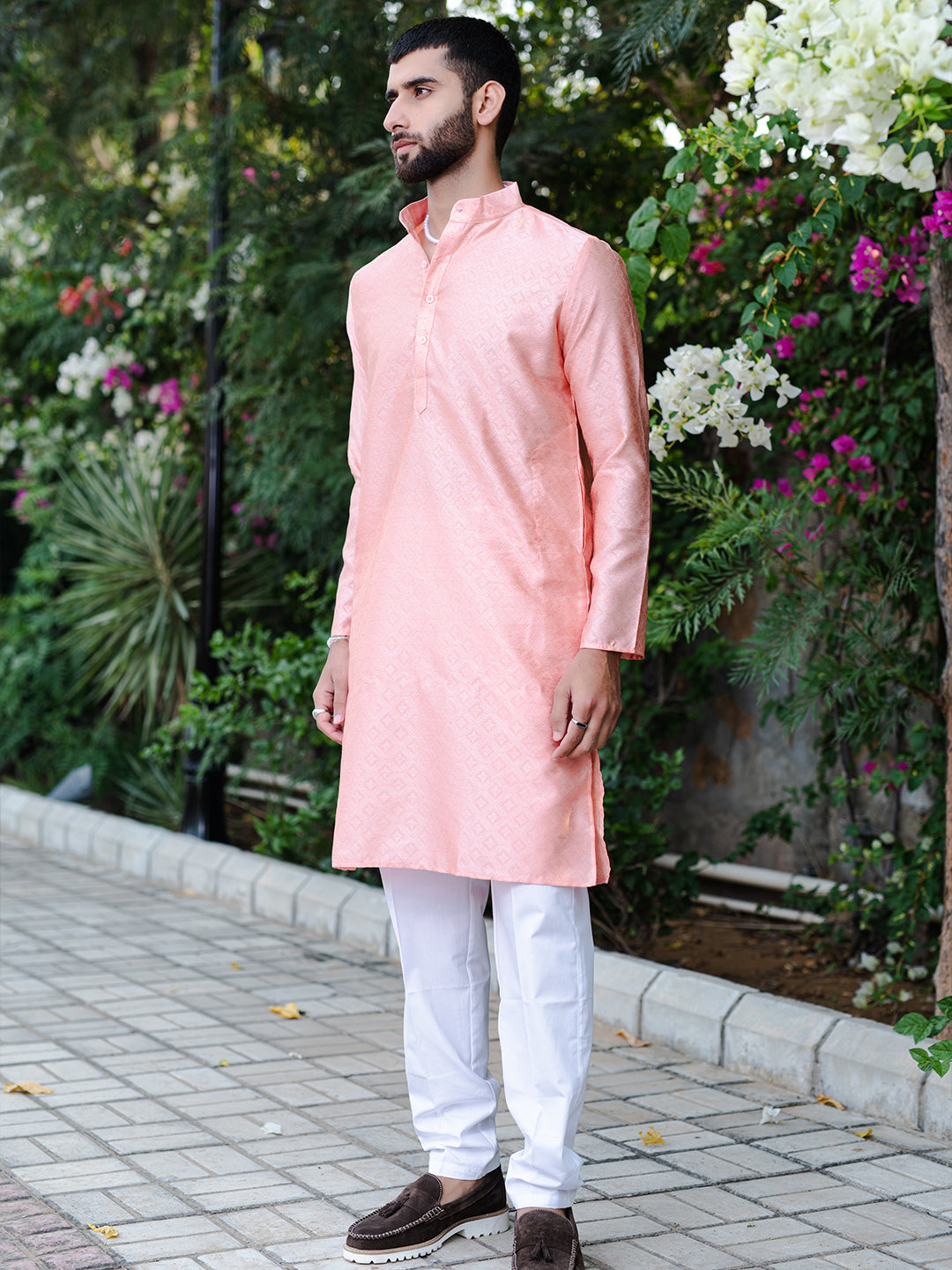 Peachy Pink Geometric Jacquard Men's Kurta