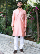 Peachy Pink Geometric Jacquard Men's Kurta