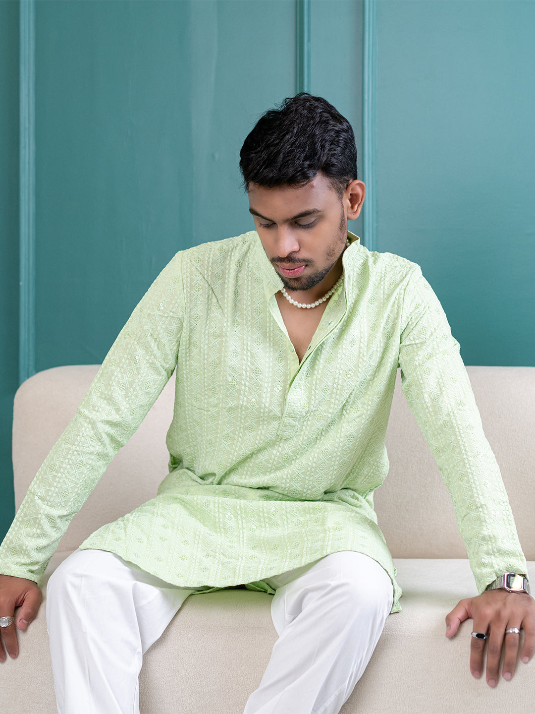 Seafoam Green Chikankari Embroidered Cotton Men's Kurta