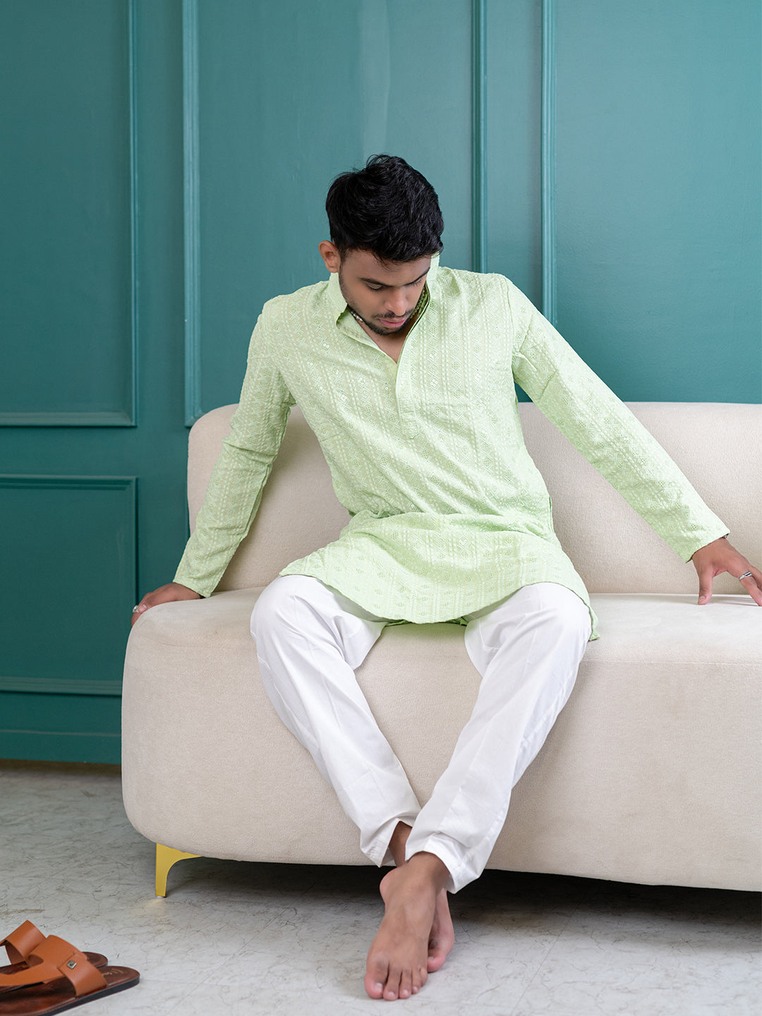 Seafoam Green Chikankari Embroidered Cotton Men's Kurta