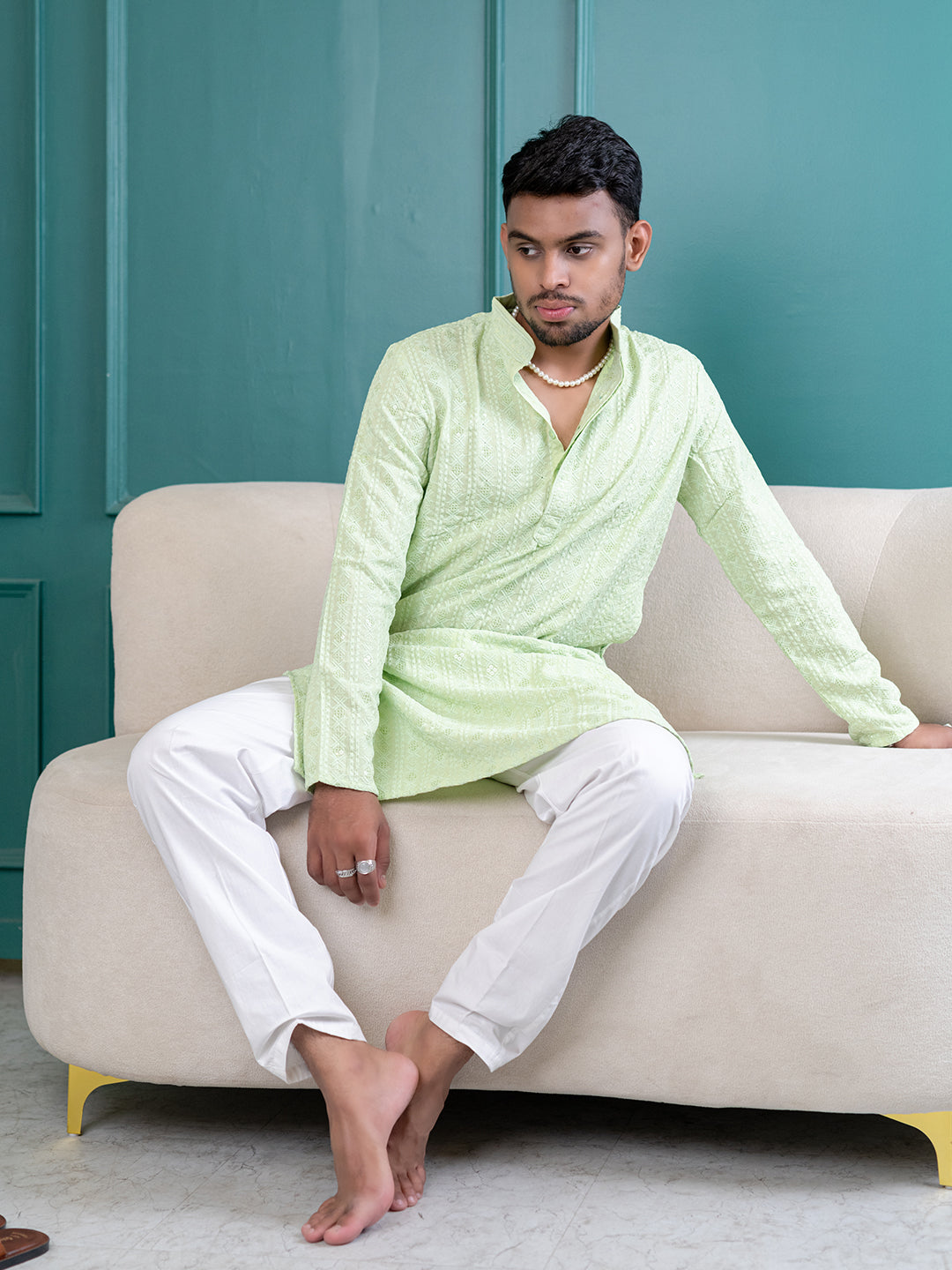 Seafoam Green Chikankari Embroidered Cotton Men's Kurta