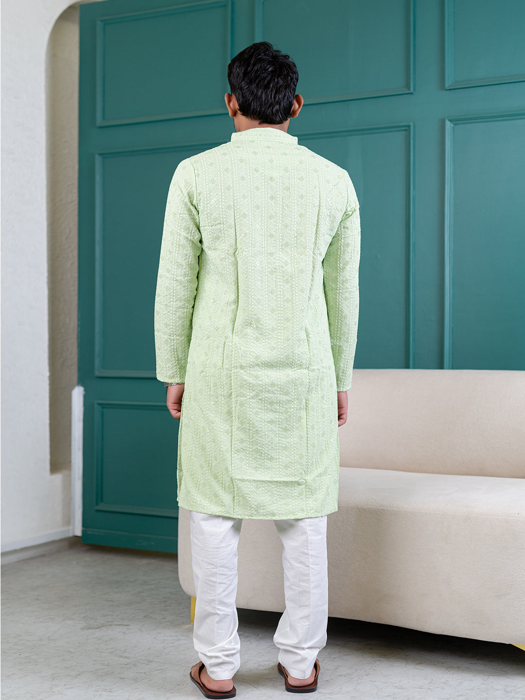 Seafoam Green Chikankari Embroidered Cotton Men's Kurta