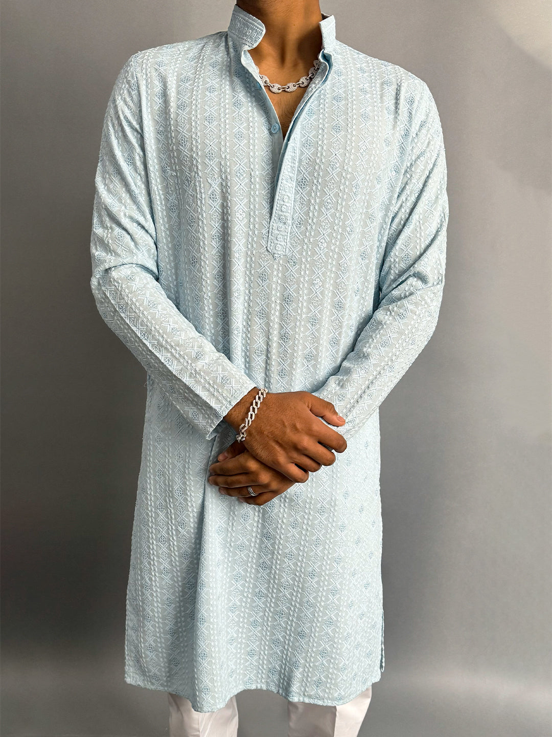 Powder Blue Chikankari Embroidered Cotton Men's Kurta