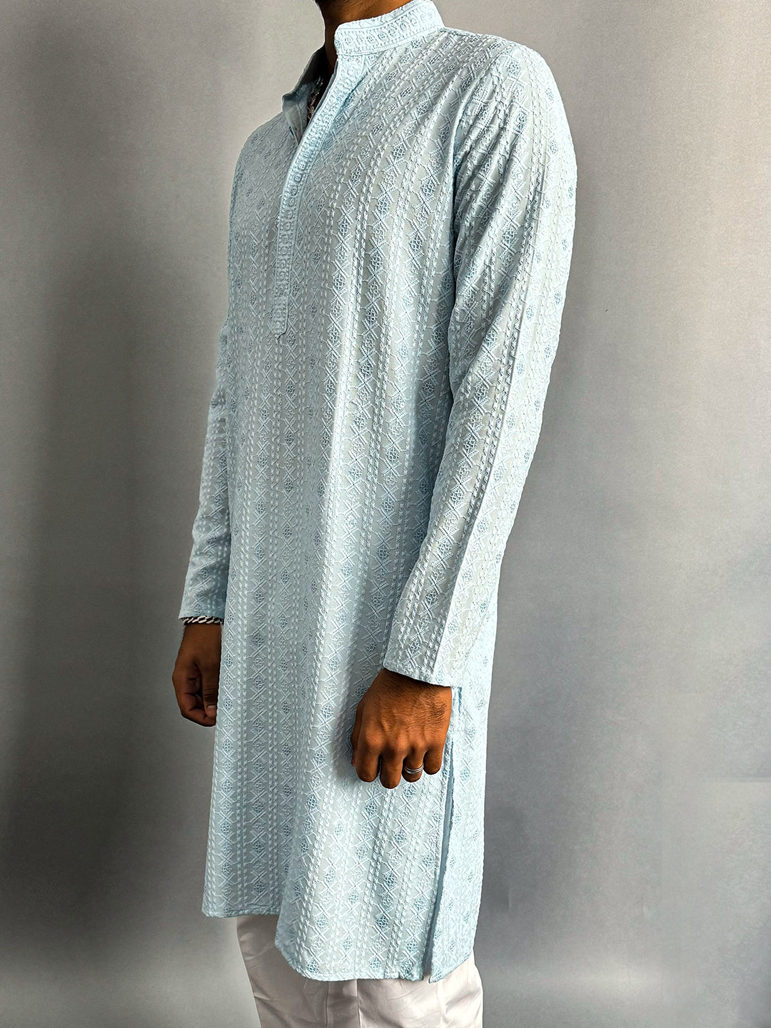 Powder Blue Chikankari Embroidered Cotton Men's Kurta