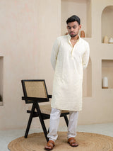 Cream Chikankari Embroidered Cotton Men's Kurta