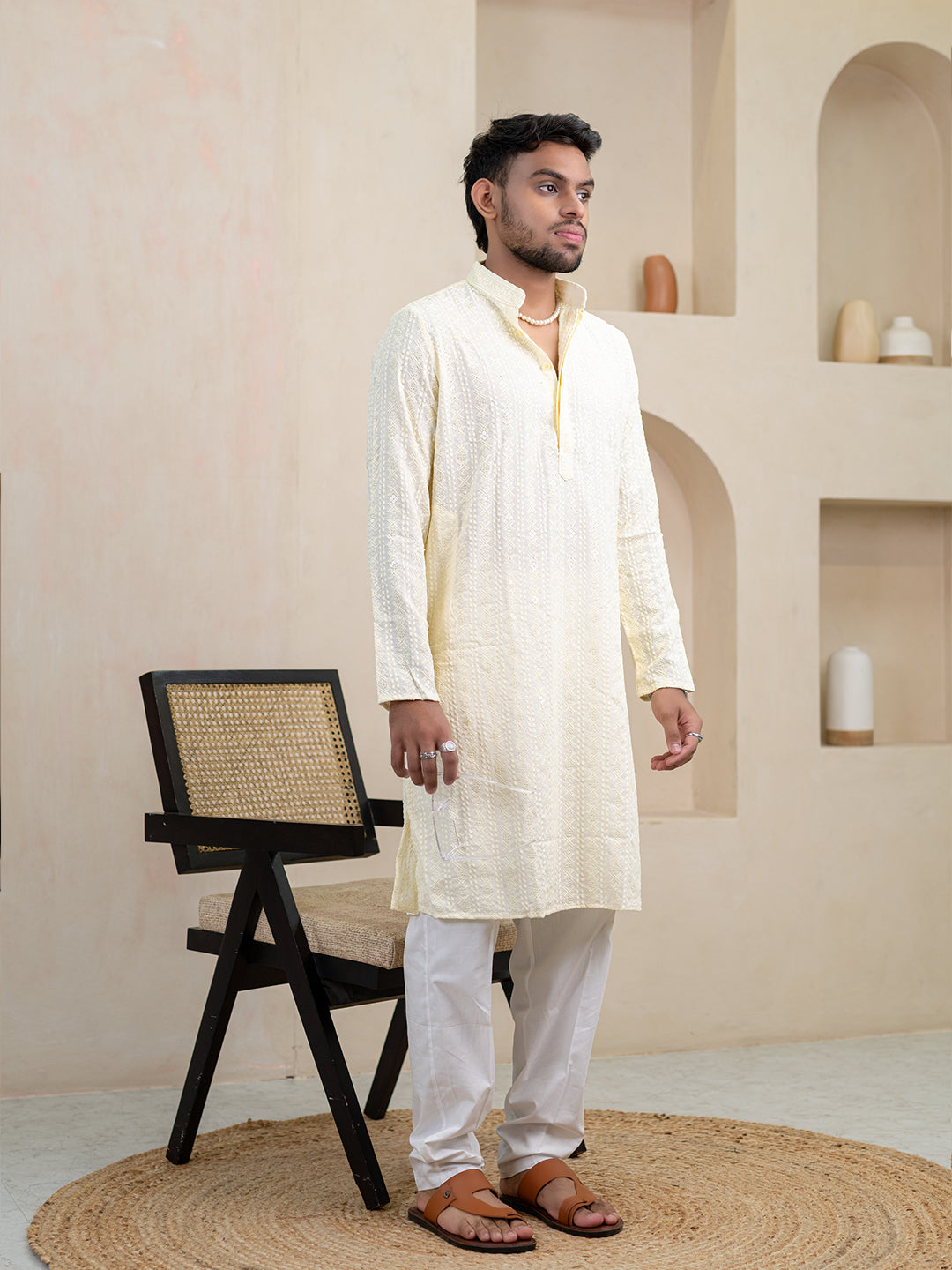 Cream Chikankari Embroidered Cotton Men's Kurta