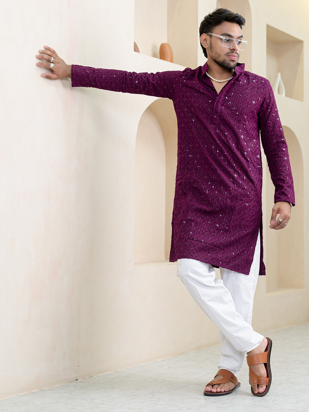 Purple Wine Chikankari Embroidered Cotton Men's Kurta