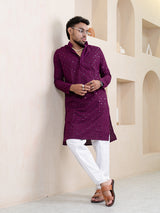 Purple Wine Chikankari Embroidered Cotton Men's Kurta