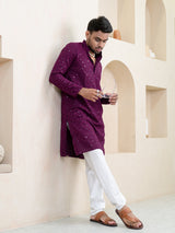 Purple Wine Chikankari Embroidered Cotton Men's Kurta