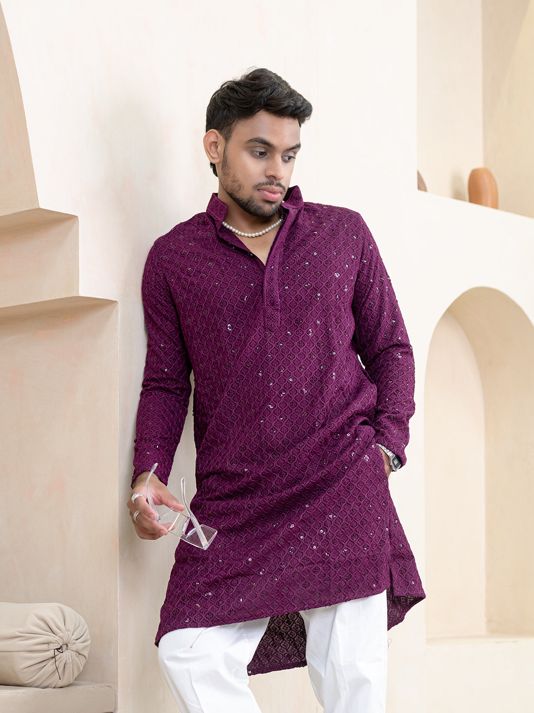 Purple Wine Chikankari Embroidered Cotton Men's Kurta