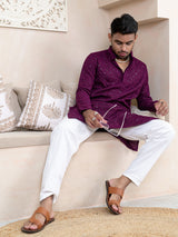 Purple Wine Chikankari Embroidered Cotton Men's Kurta