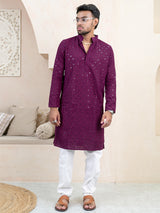 Purple Wine Chikankari Embroidered Cotton Men's Kurta