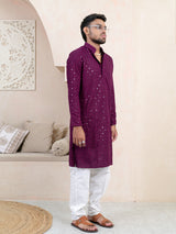 Purple Wine Chikankari Embroidered Cotton Men's Kurta