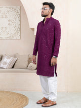 Purple Wine Chikankari Embroidered Cotton Men's Kurta