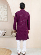 Purple Wine Chikankari Embroidered Cotton Men's Kurta