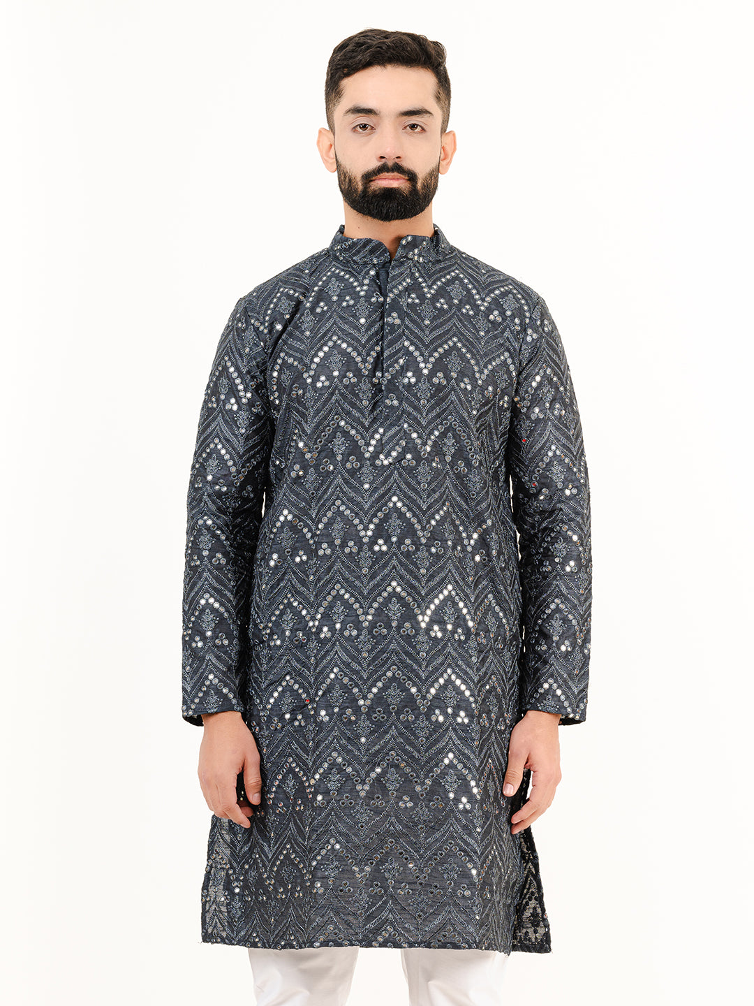 Black Embroidered Cotton Men's Kurta