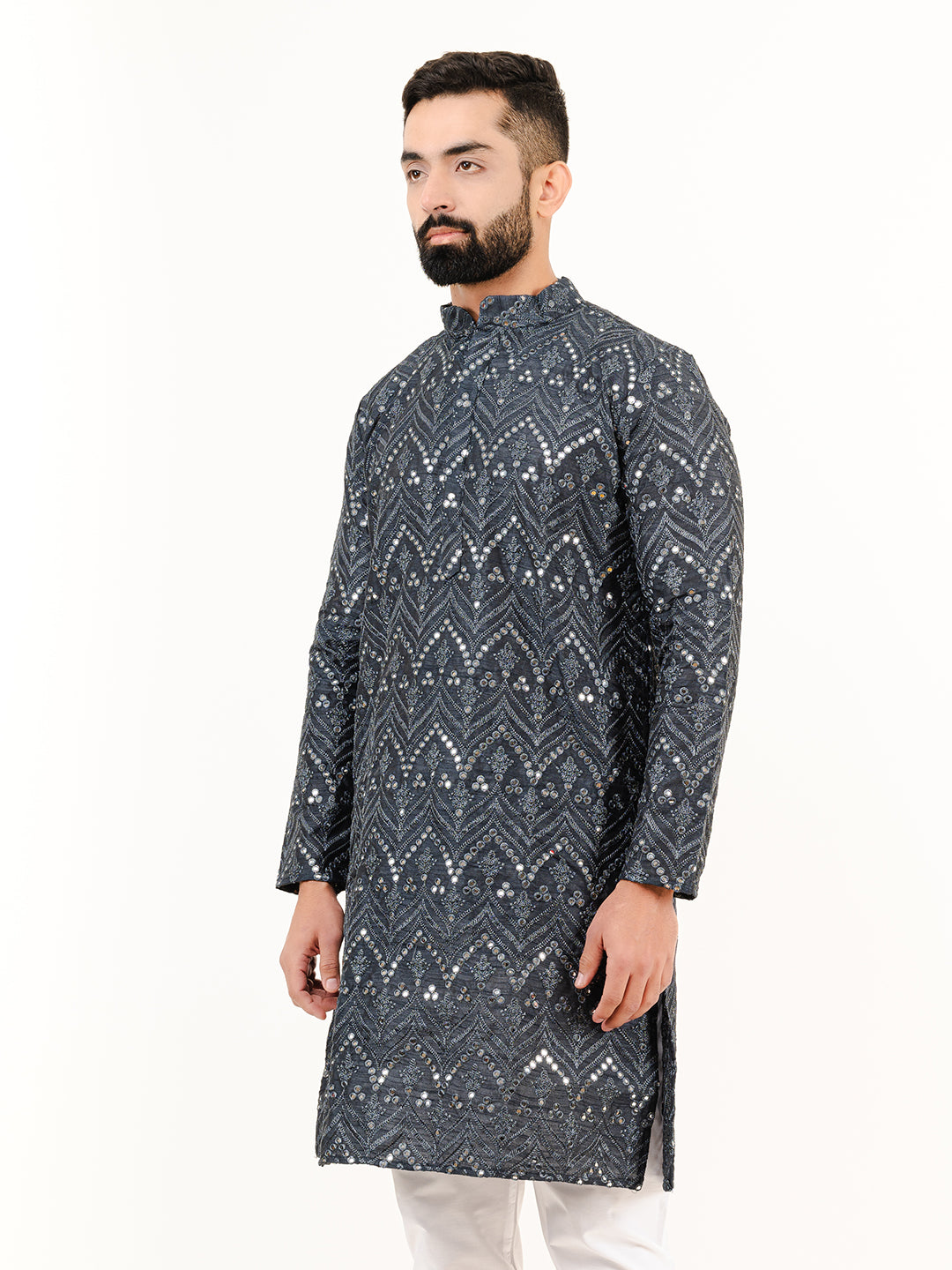 Black Embroidered Cotton Men's Kurta