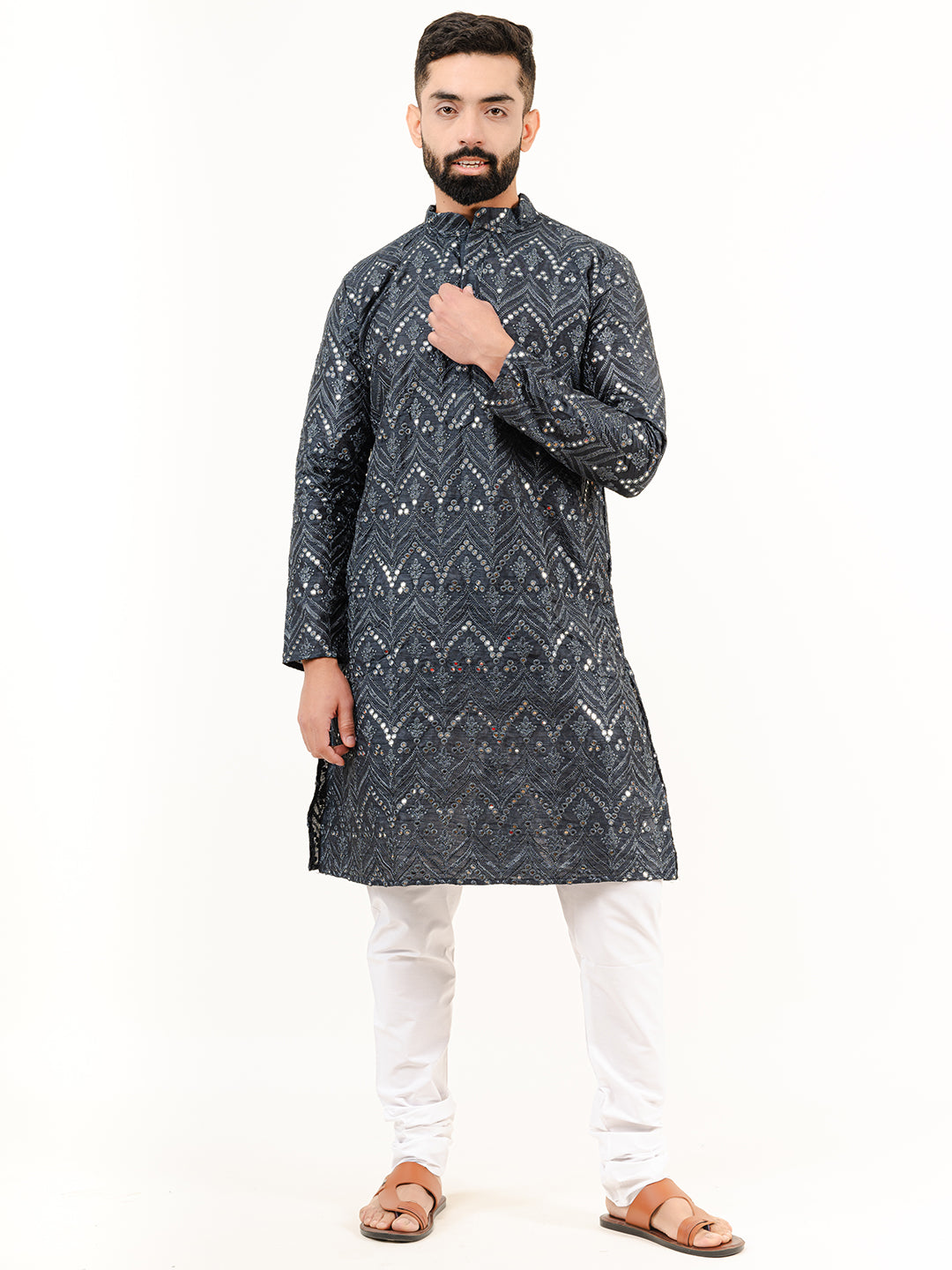 Black Embroidered Cotton Men's Kurta