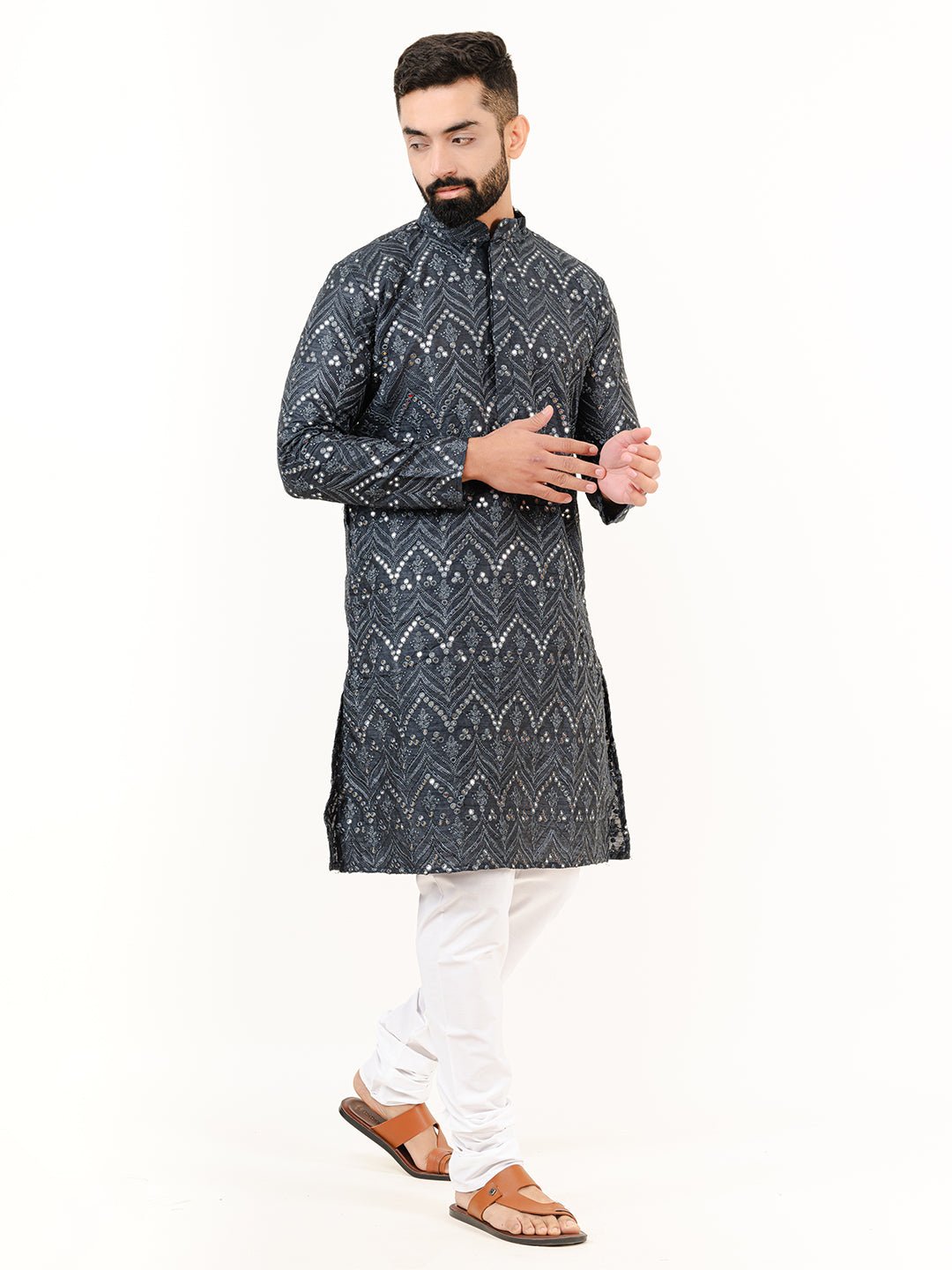 Black Embroidered Cotton Men's Kurta