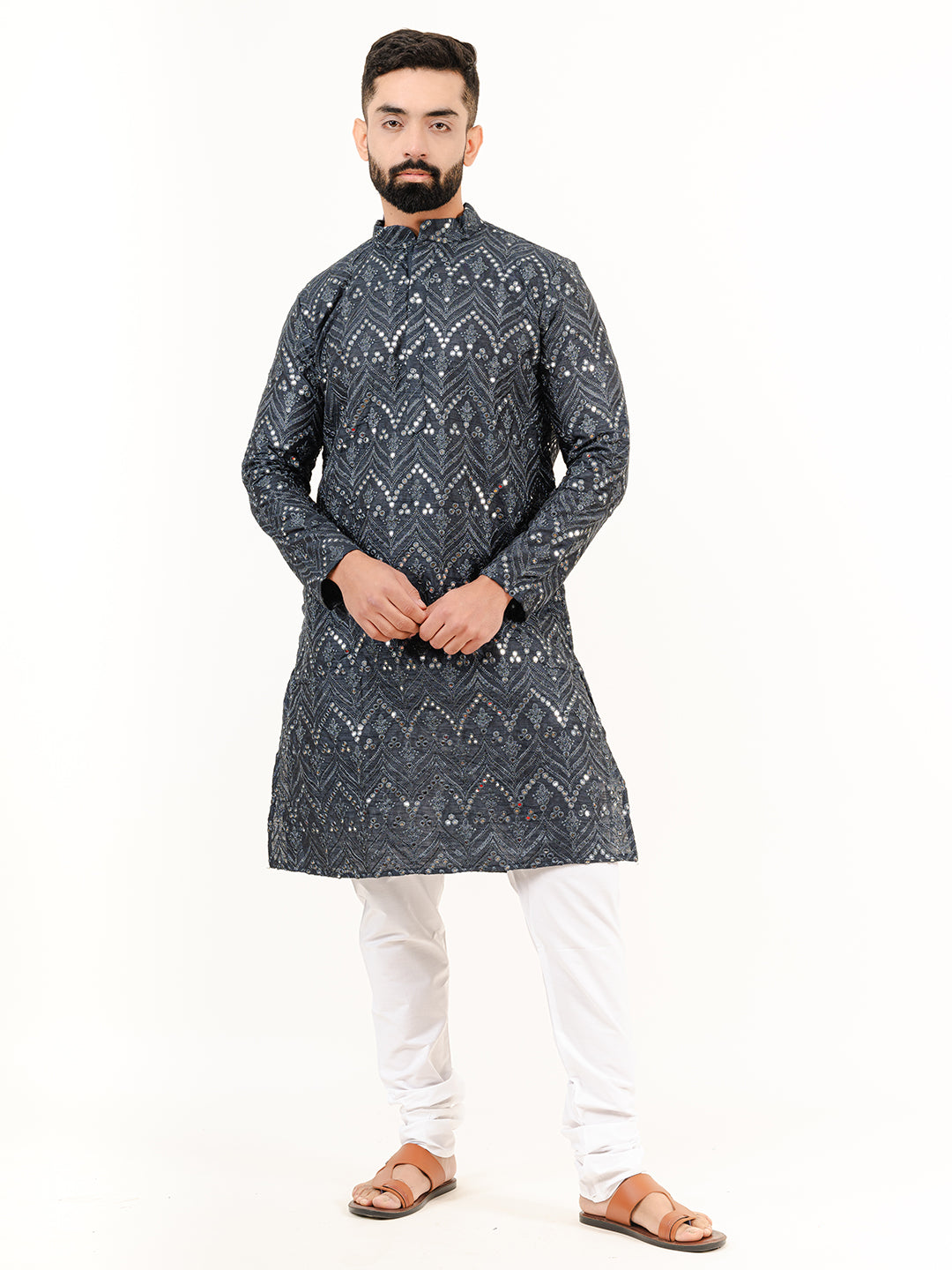 Black Embroidered Cotton Men's Kurta