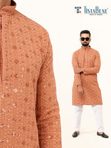 Dark Peach Designer Cotton Embroidered kurta for Men