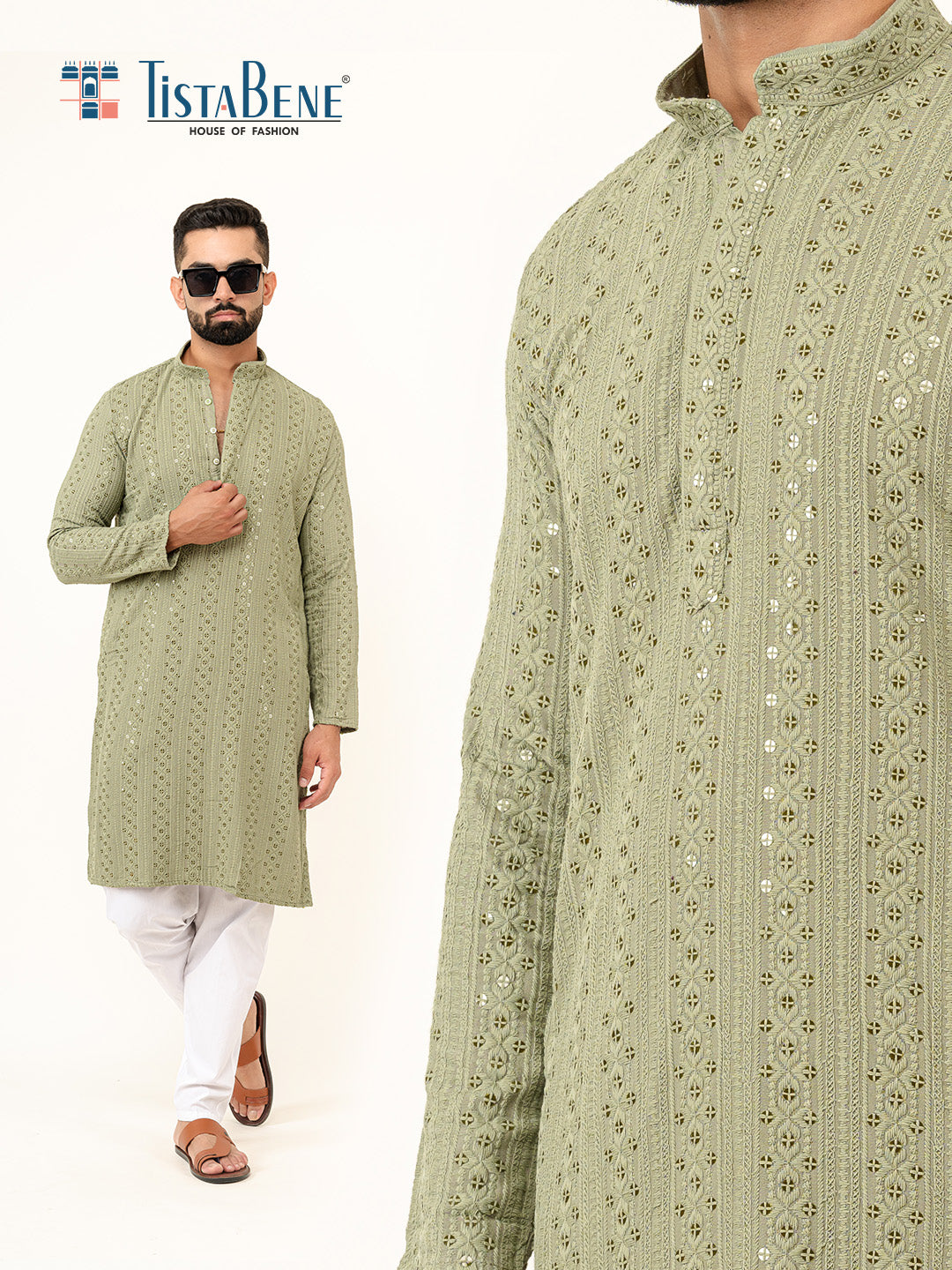 Elm Green Sequence Designer Cotton Embroidered kurta for Men