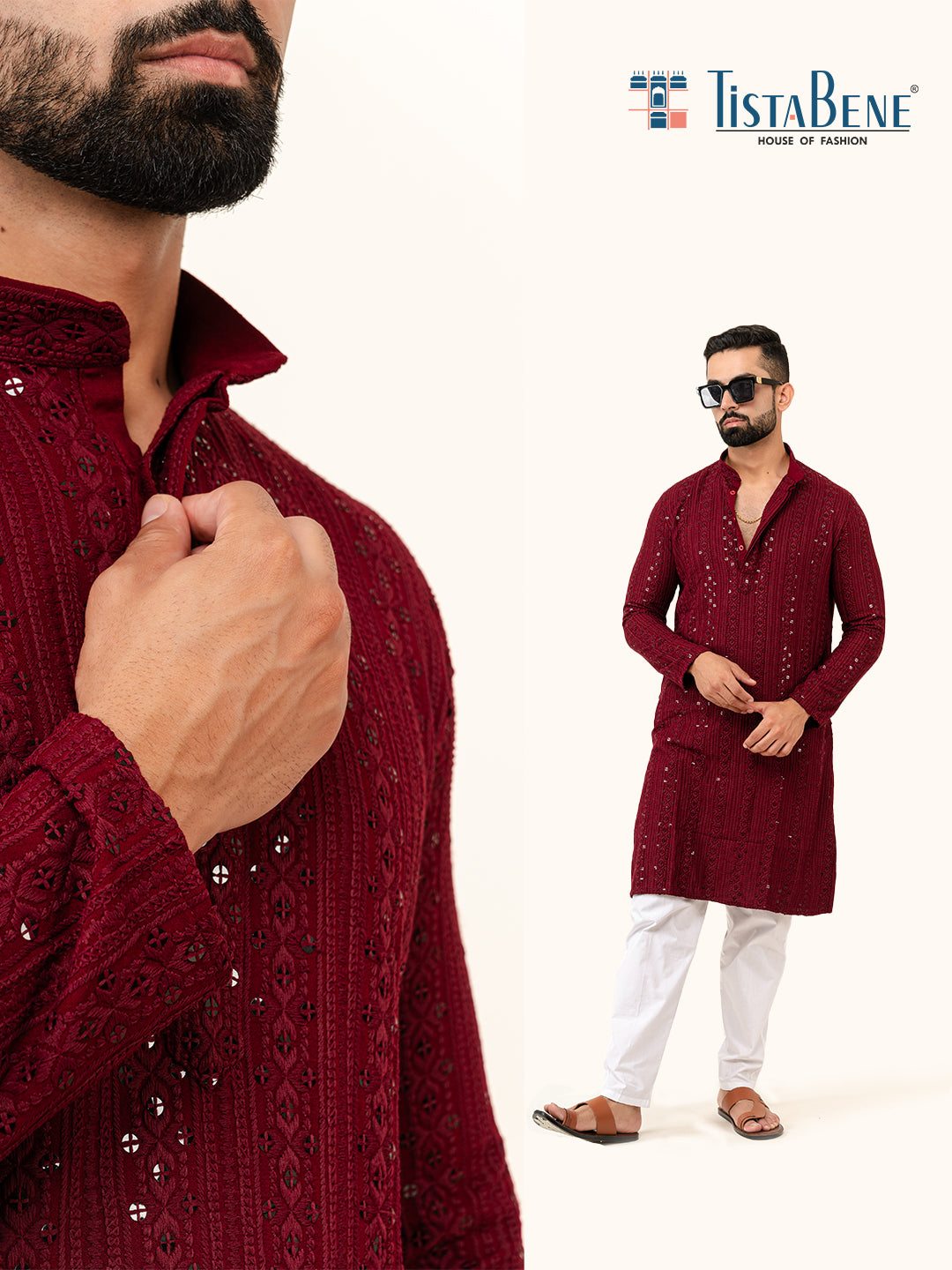 Maroon Sequence Designer Cotton Embroidered kurta for Men