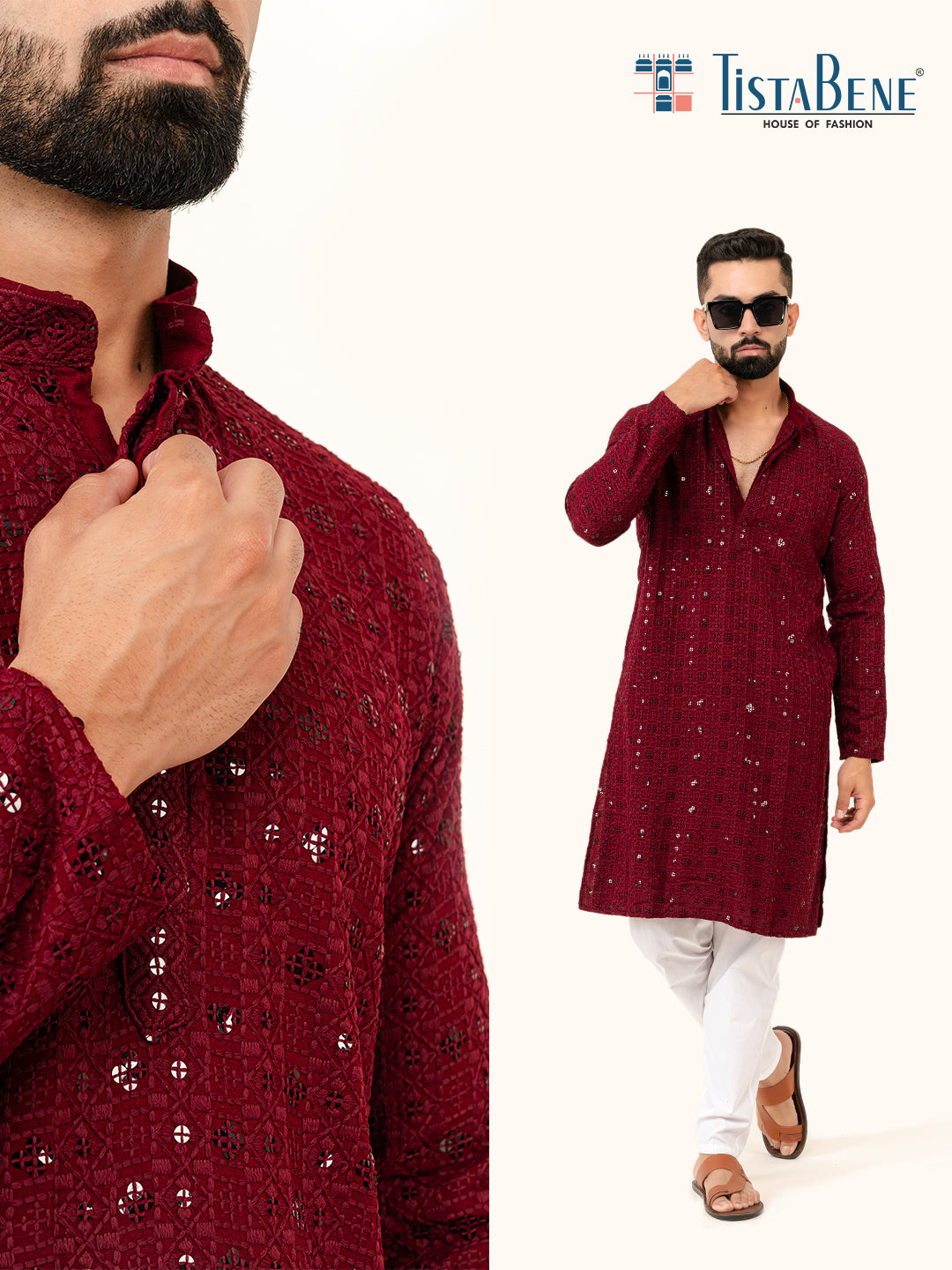 Maroon Designer Cotton Embroidered kurta for Men