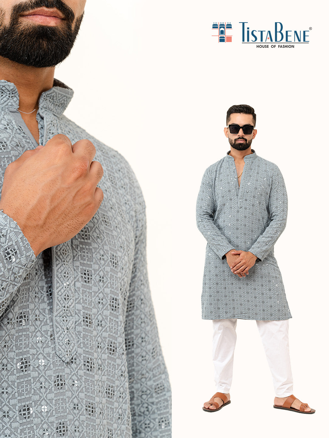 Grey Designer Cotton Embroidered kurta for Men