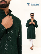 Bottle Green Sequence Designer Cotton Embroidered kurta for Men