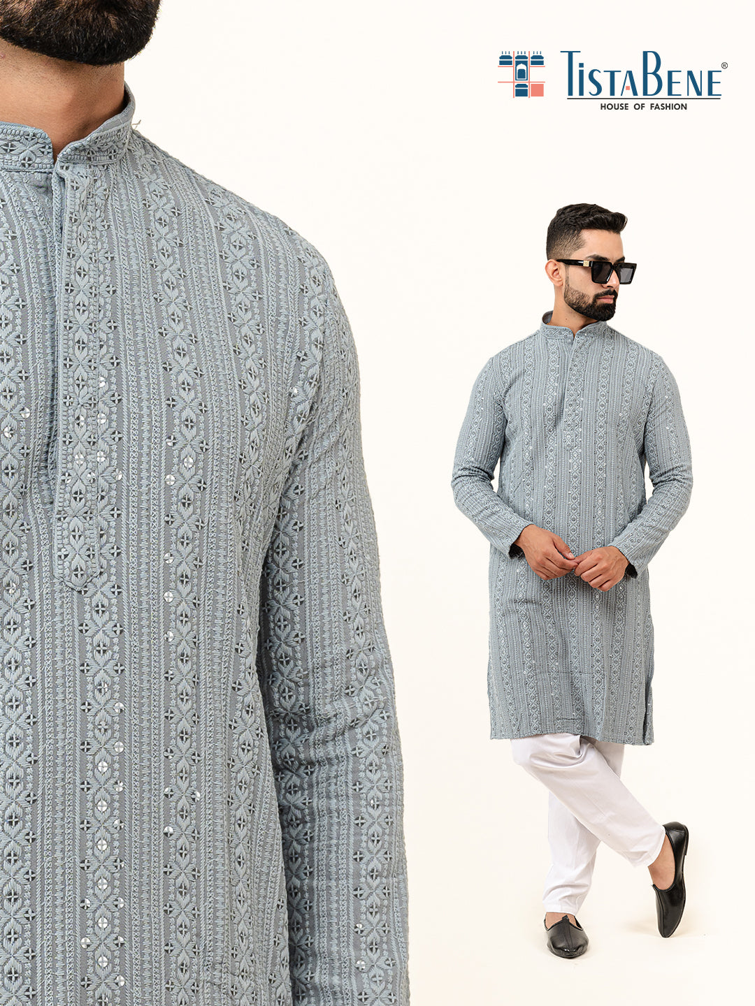 Grey Sequence Designer Cotton Embroidered kurta for Men