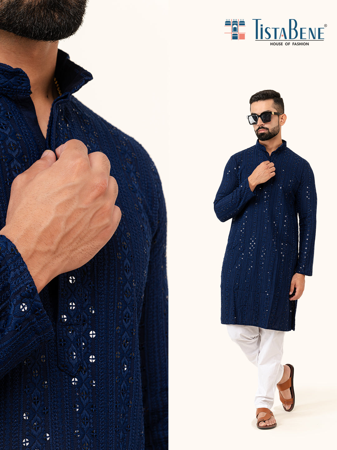 Navy Blue Sequence Designer Cotton Embroidered kurta for Men