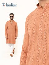 Dark Peach Sequence Designer Cotton Embroidered kurta for Men