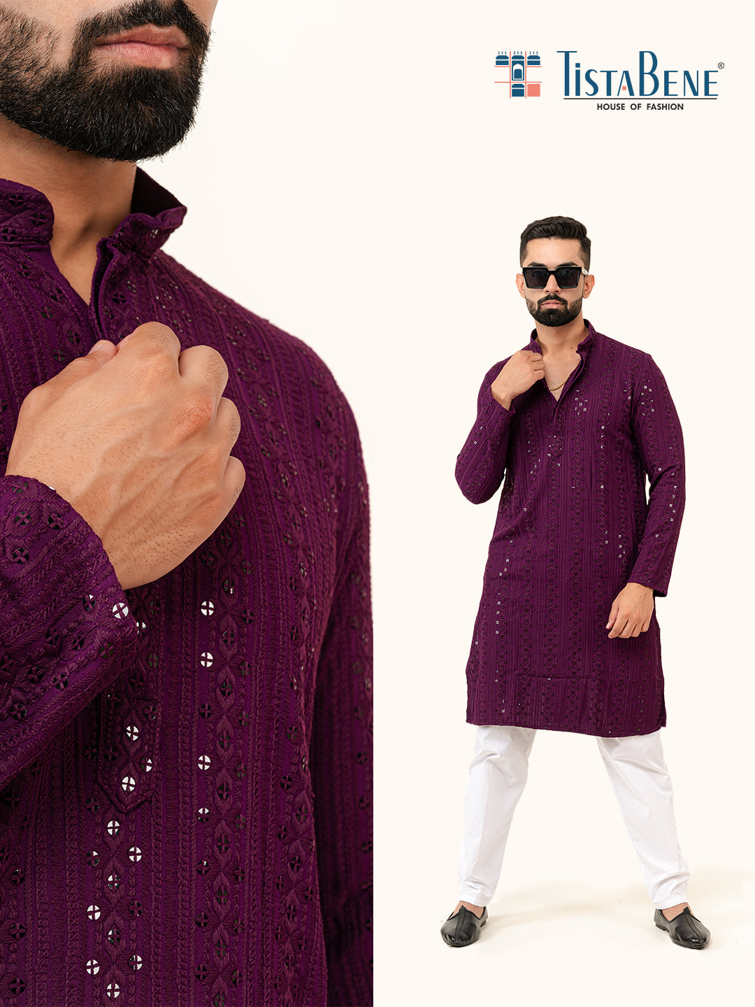 Dark Purple Sequence Designer Cotton Embroidered kurta for Men