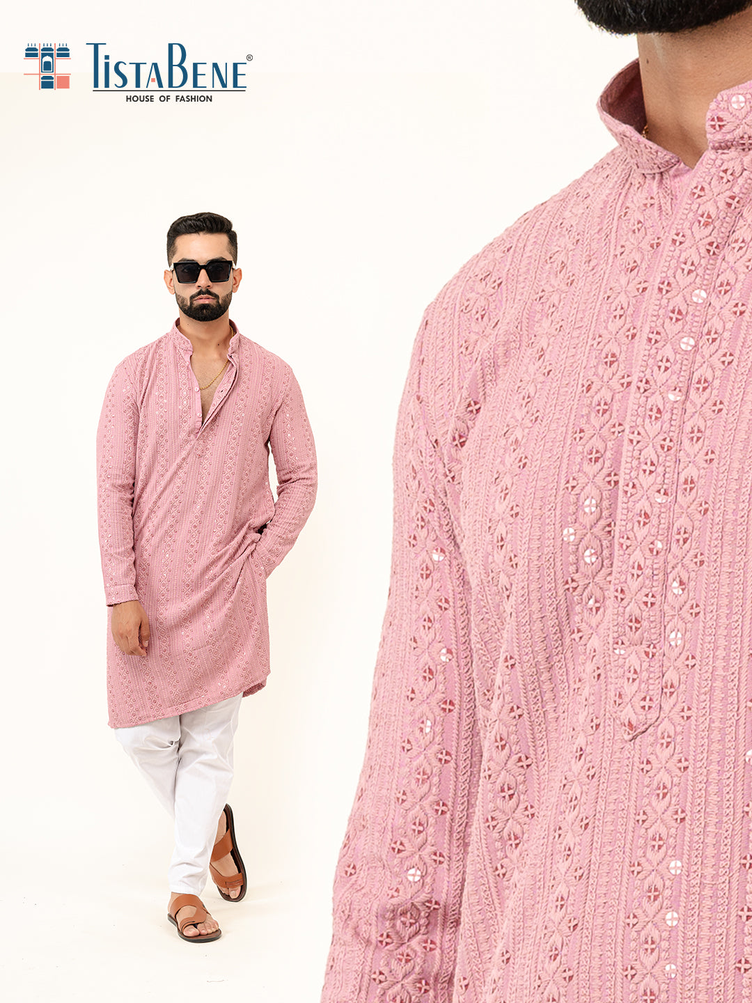 Dusty Rose Sequence Designer Cotton Embroidered kurta for Men