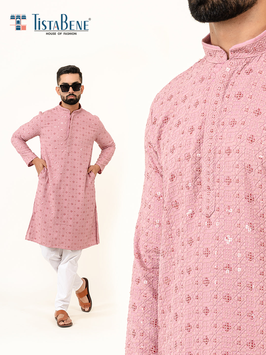 Dusty Rose Designer Cotton Embroidered kurta for Men