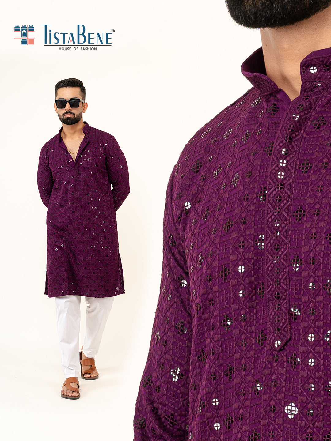 Dark Purple Designer Cotton Embroidered kurta for Men