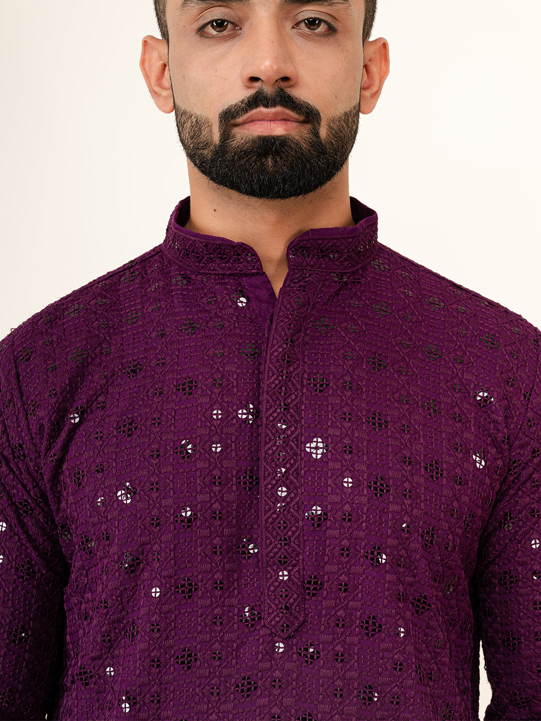 Dark Purple Designer Cotton Embroidered kurta for Men