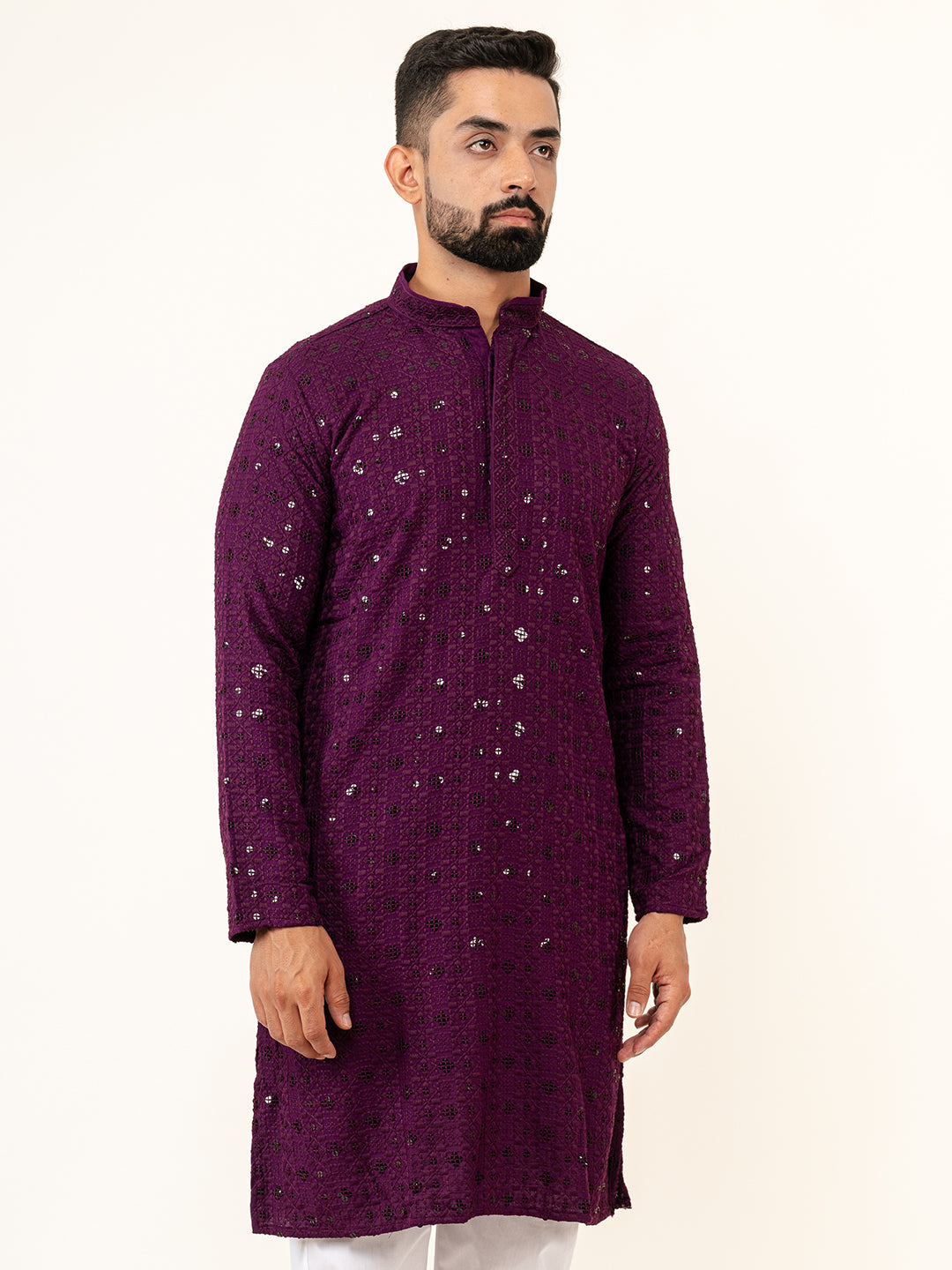 Dark Purple Designer Cotton Embroidered kurta for Men