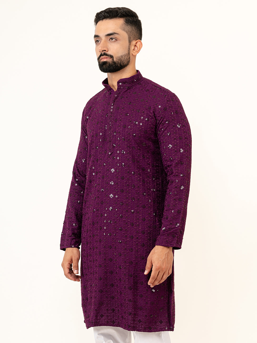 Dark Purple Designer Cotton Embroidered kurta for Men