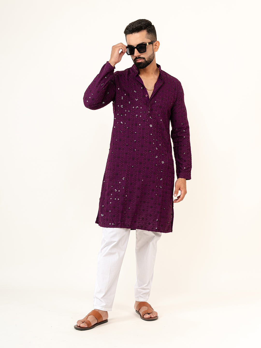 Dark Purple Designer Cotton Embroidered kurta for Men