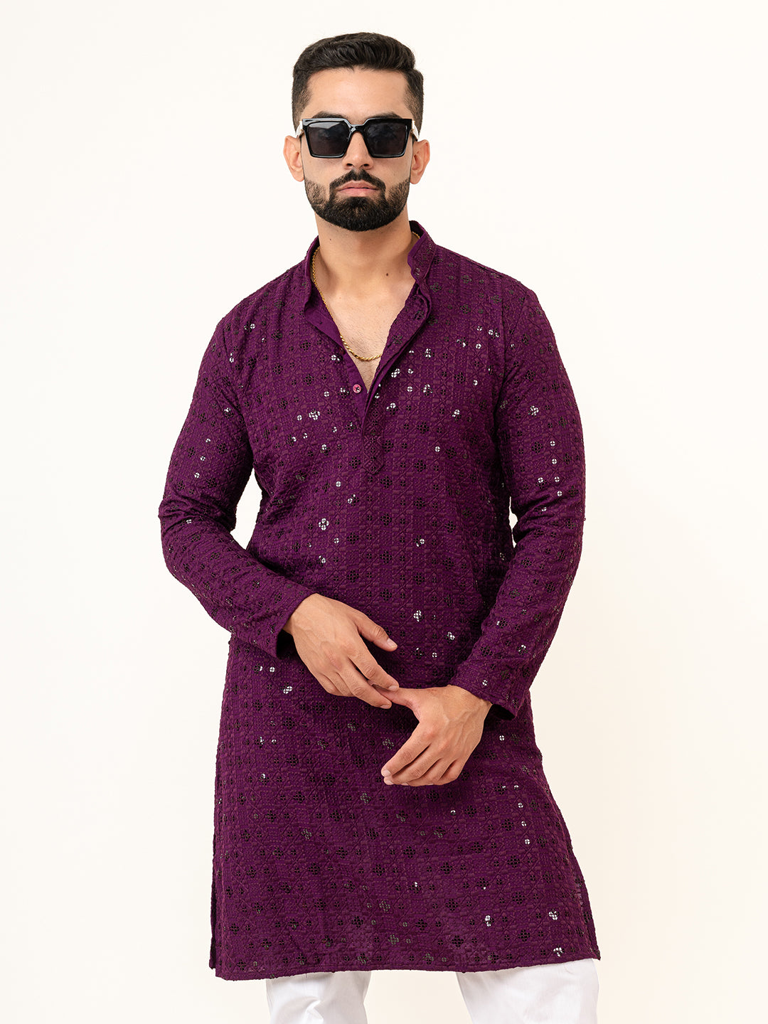 Dark Purple Designer Cotton Embroidered kurta for Men