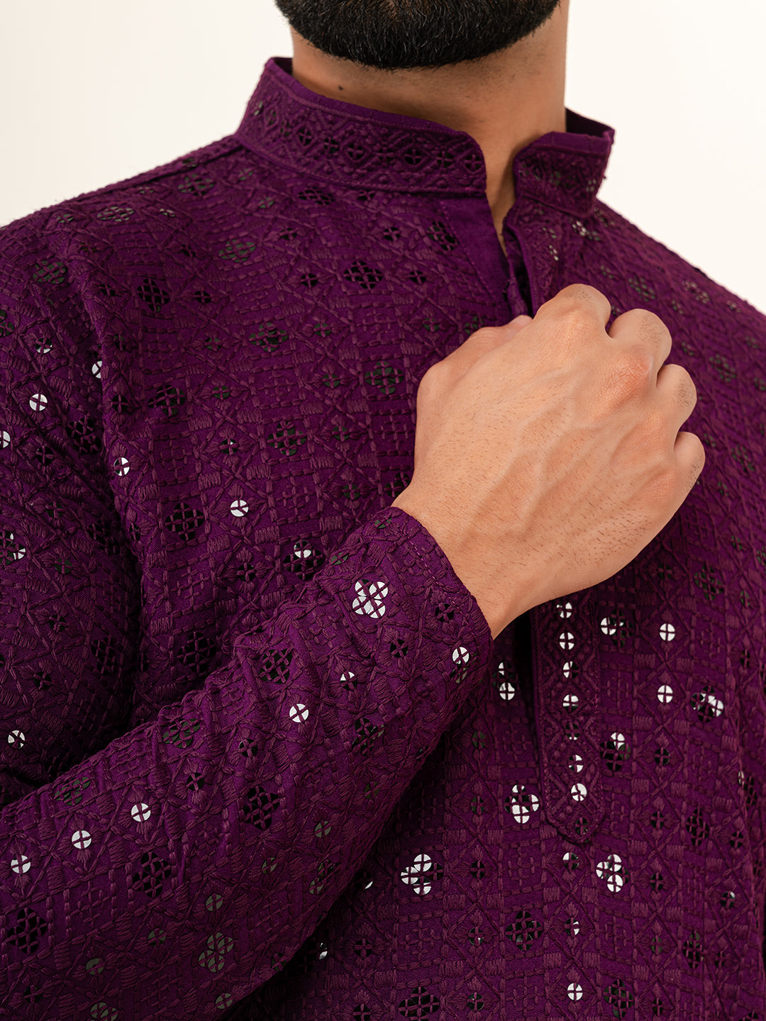 Dark Purple Designer Cotton Embroidered kurta for Men