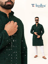 Bottle Green Designer Cotton Embroidered kurta for Men