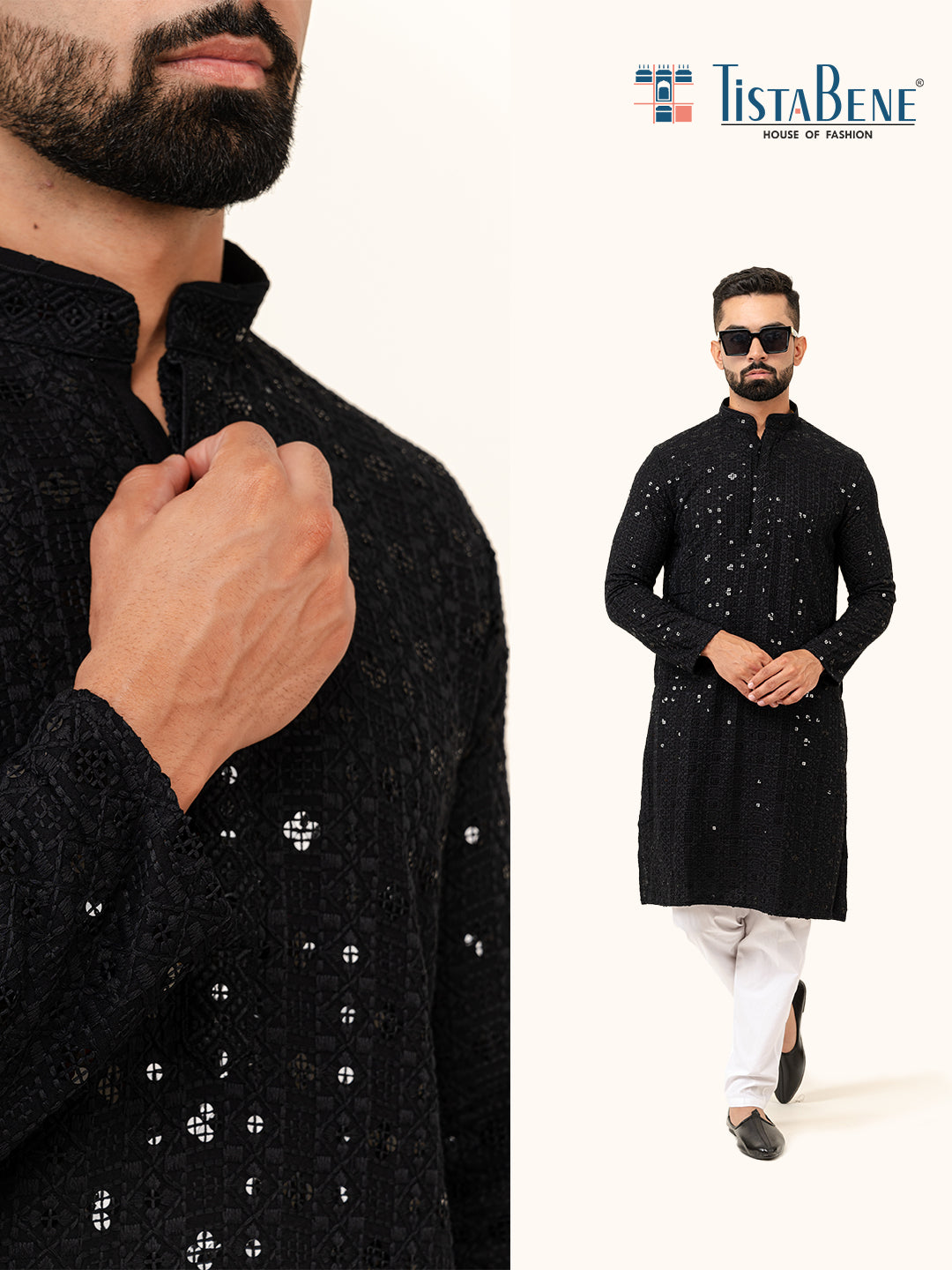 Black Designer Cotton Embroidered kurta for Men