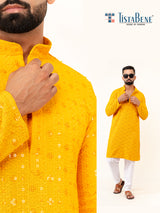 Dark Yellow Designer Cotton Embroidered kurta for Men