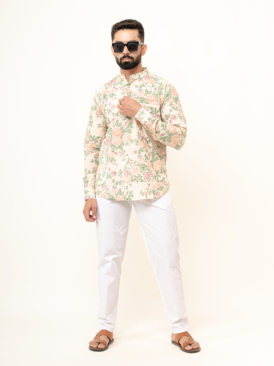 Off White Full Sleeve Sanganer Printed Short Kurta For Men