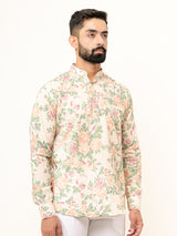 Off White Full Sleeve Sanganer Printed Short Kurta For Men